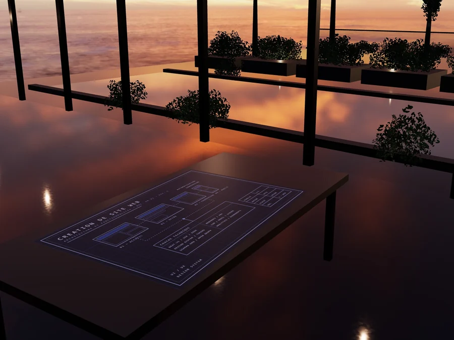 L'atelier au coucher du soleil, un plan de site posé sur la table.