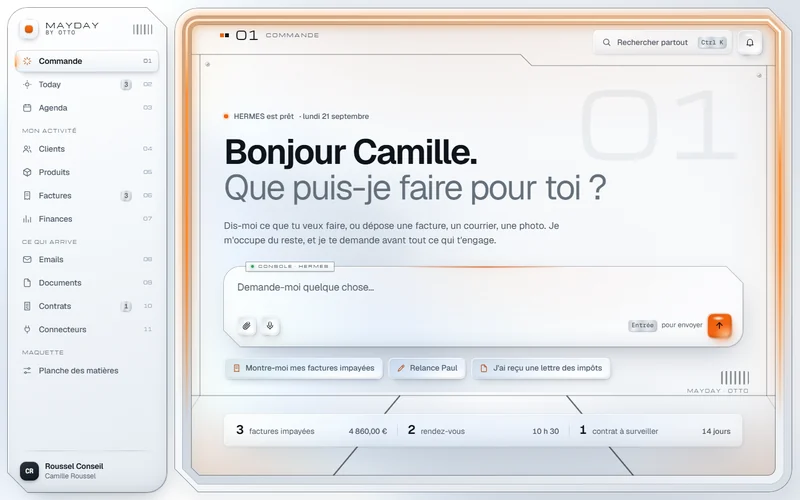 Le centre de commande de MAYDAY : une console blanche, une question posée à HERMES, les actions du jour.