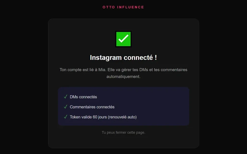 L'écran de confirmation de MIA : Instagram connecté, messages et commentaires reliés.