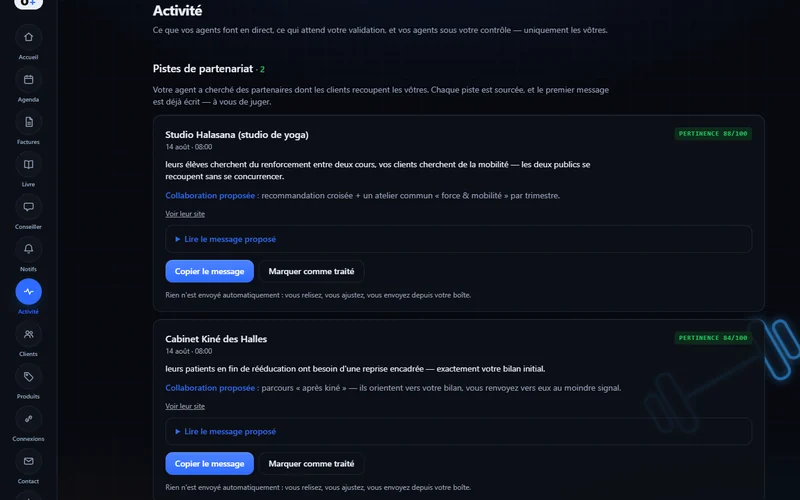 Le fil d'activité d'OTTO+ : ce que les agents ont fait, ce qui attend une validation.