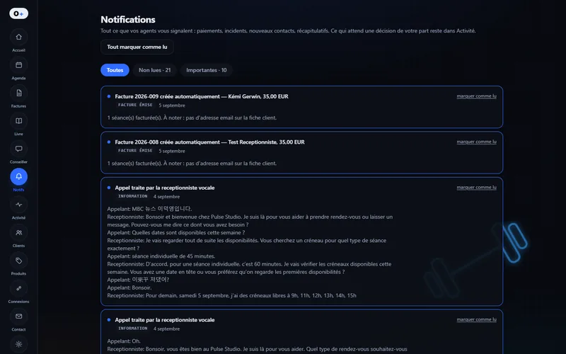 Les notifications d'OTTO+ : deux appels traités par la réceptionniste vocale, avec leur résumé.